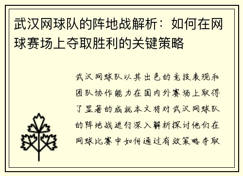 武汉网球队的阵地战解析：如何在网球赛场上夺取胜利的关键策略