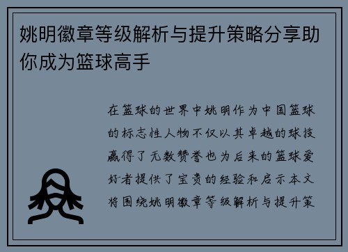 姚明徽章等级解析与提升策略分享助你成为篮球高手